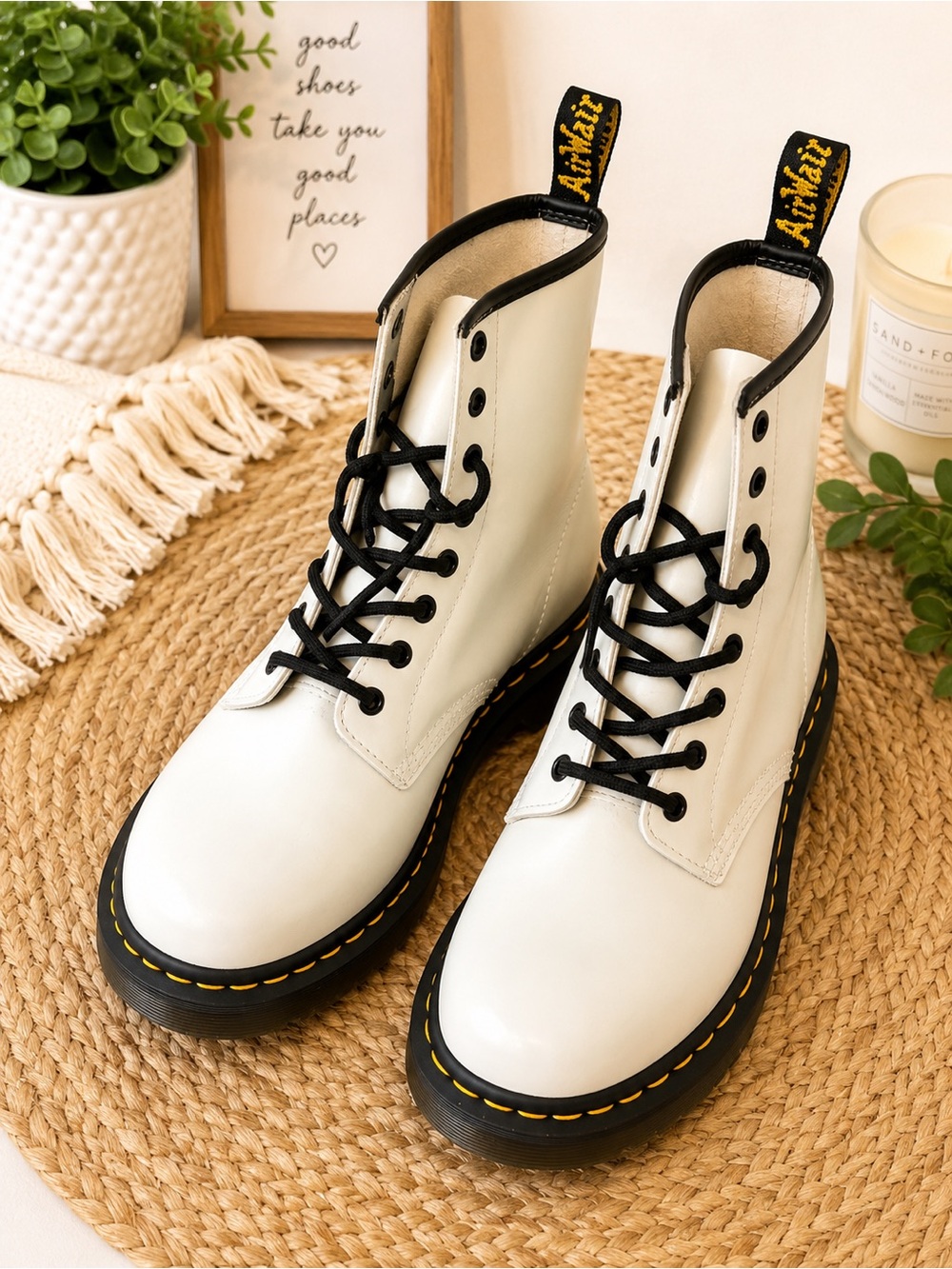 Dr. Martens White Combat Boots with Black Trim